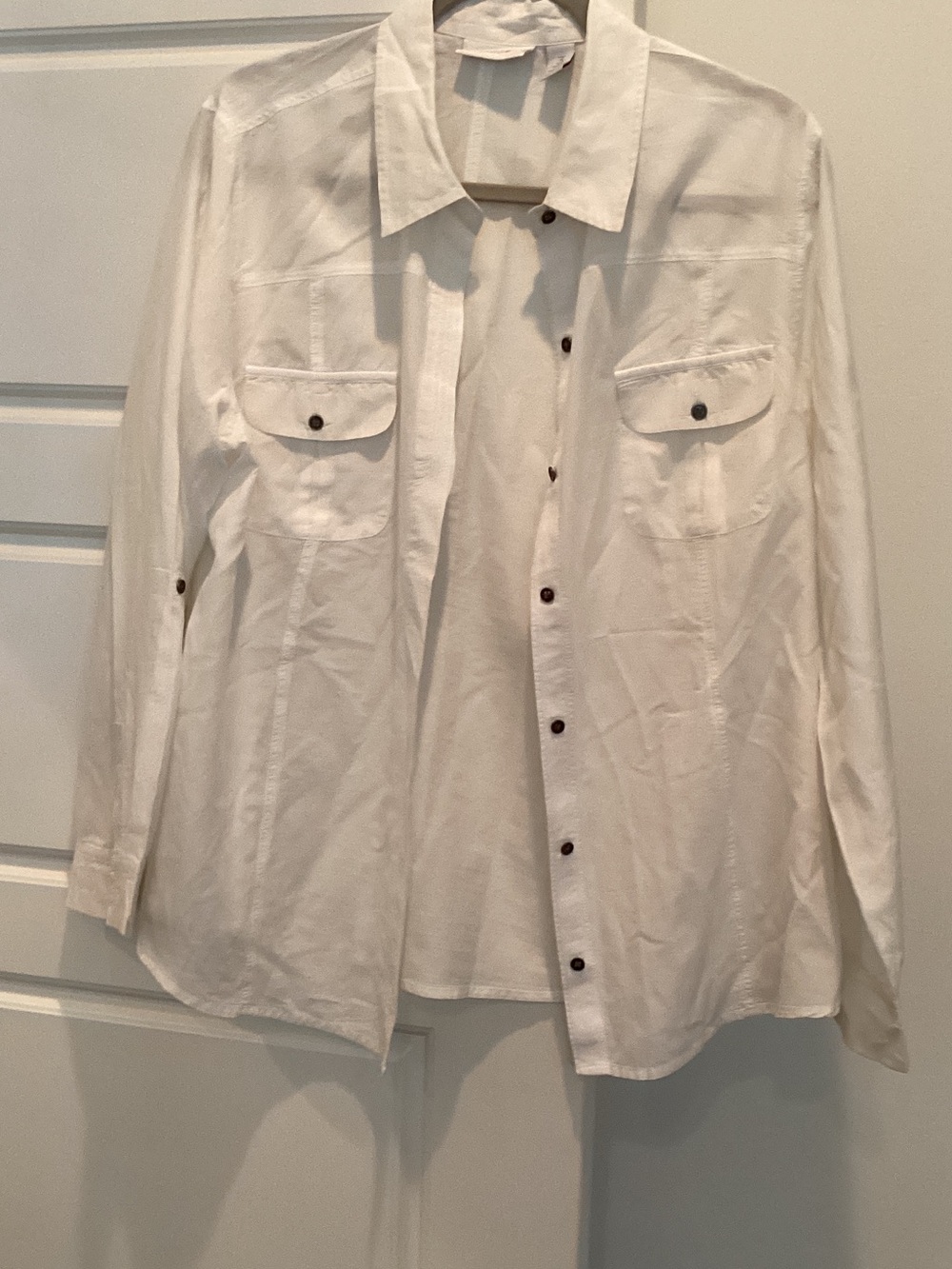 Chico's White Button-Front Shirt with Label Detail